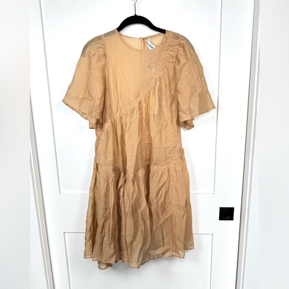 EN SAISON Dee Dee Striped Babydoll Asymmetric Tiered Mini Dress Khaki Medium NWT - Picture 5 of 10